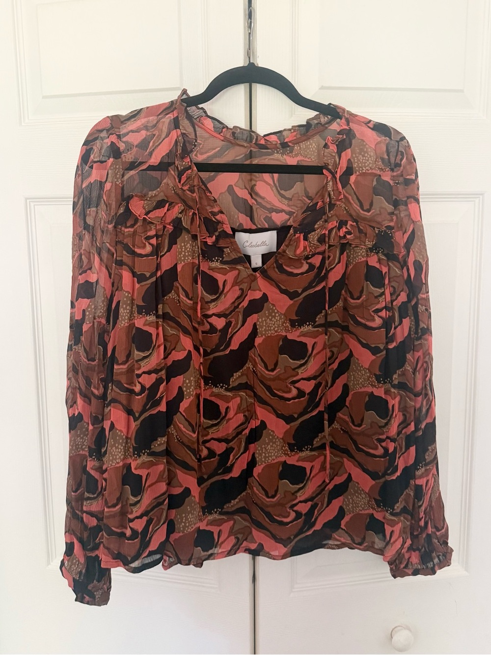 NWT Cleobella Octavia Blouse High Neck Tie Ruffles Brown Orange Boho Size Small - Picture 3 of 12